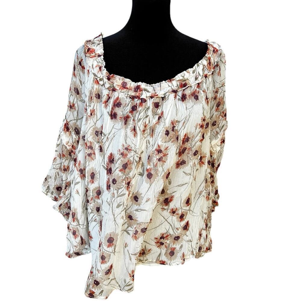 LUCKY BRAND, sheer, floral, elastic neck, bell sleeve blouse, women's size L